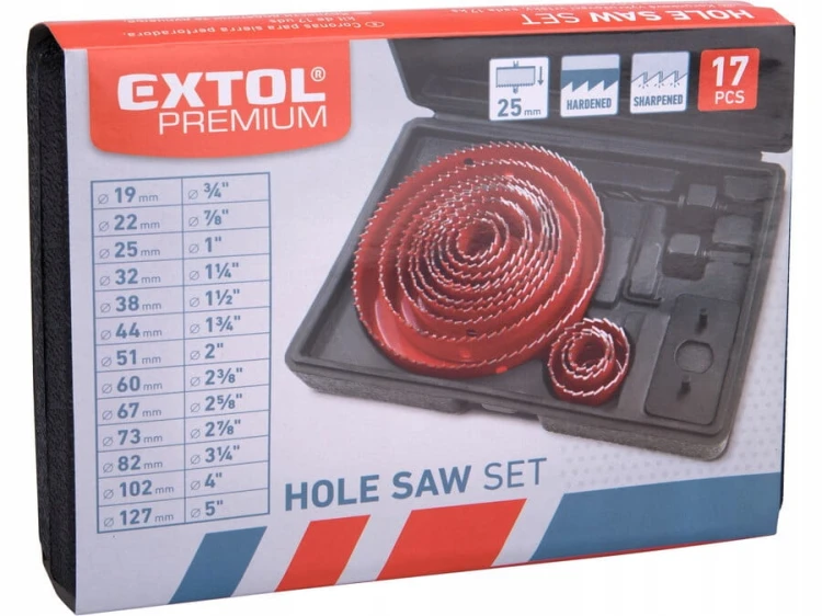 Zestaw otwornic do drewna GK mebli Extol Premium, 13 średnic Ø19-127mm