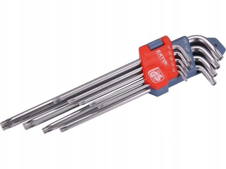 Klucze trzpieniowe Extol Premium TORX przedłużone, zestaw 9 szt T10-50