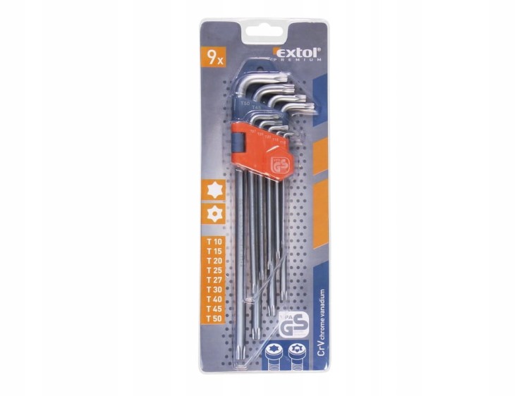 Klucze trzpieniowe Extol Premium TORX przedłużone, zestaw 9 szt T10-50