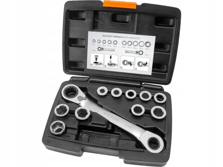 klucz płasko-oczkowy z grzechotką, zestaw 11 szt., 8-19mm, CrV