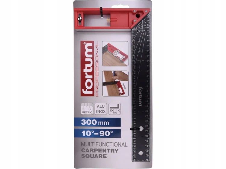 Kątownik aluminiowy stolarski z podziałką 300mm PROFESIONALNY FORTUM