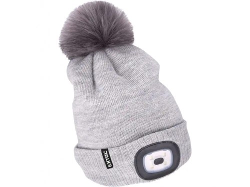 Czapka zimowa z pomponem i lampką LED rozmiar unisex szara MOCNE ŚWIATŁO