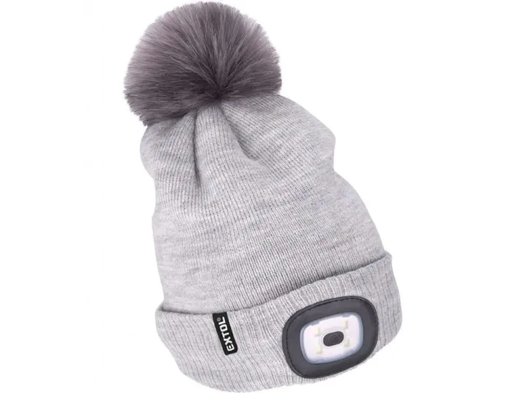 Czapka zimowa z pomponem i lampką LED rozmiar unisex szara MOCNE ŚWIATŁO