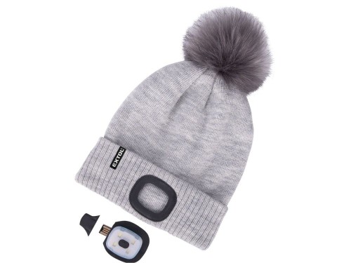 Czapka zimowa z pomponem i lampką LED rozmiar unisex szara MOCNE ŚWIATŁO