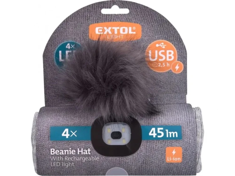 Czapka zimowa z pomponem i lampką LED rozmiar unisex szara MOCNE ŚWIATŁO