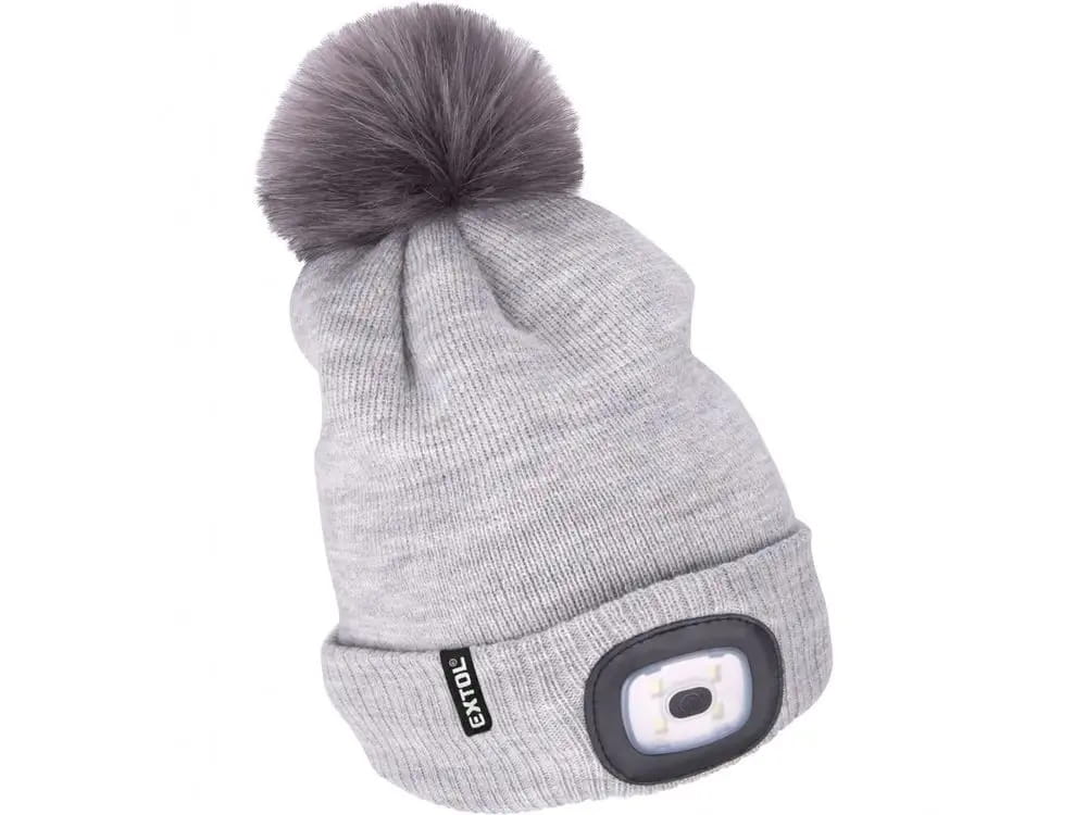 Czapka zimowa z pomponem i lampką LED rozmiar unisex szara MOCNE ŚWIATŁO